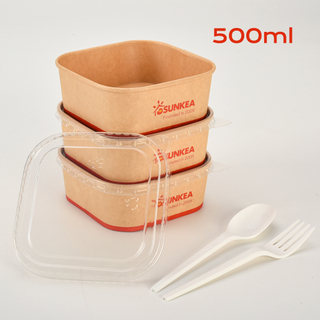 Tazón de papel de ensalada cuadrada de 500 ml