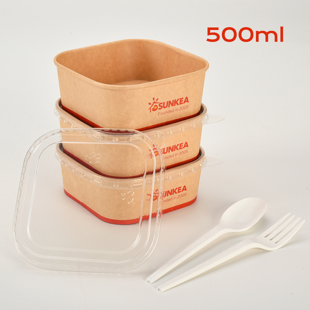 Tazón de papel de ensalada cuadrada de 500 ml
