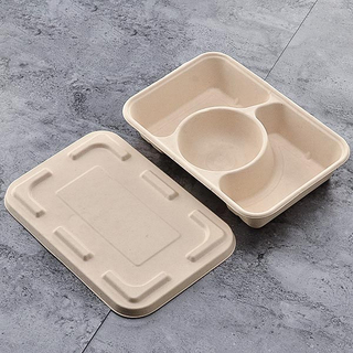 Caja de alimentos para llevar biodegradables de 3 compartimentos con tapa